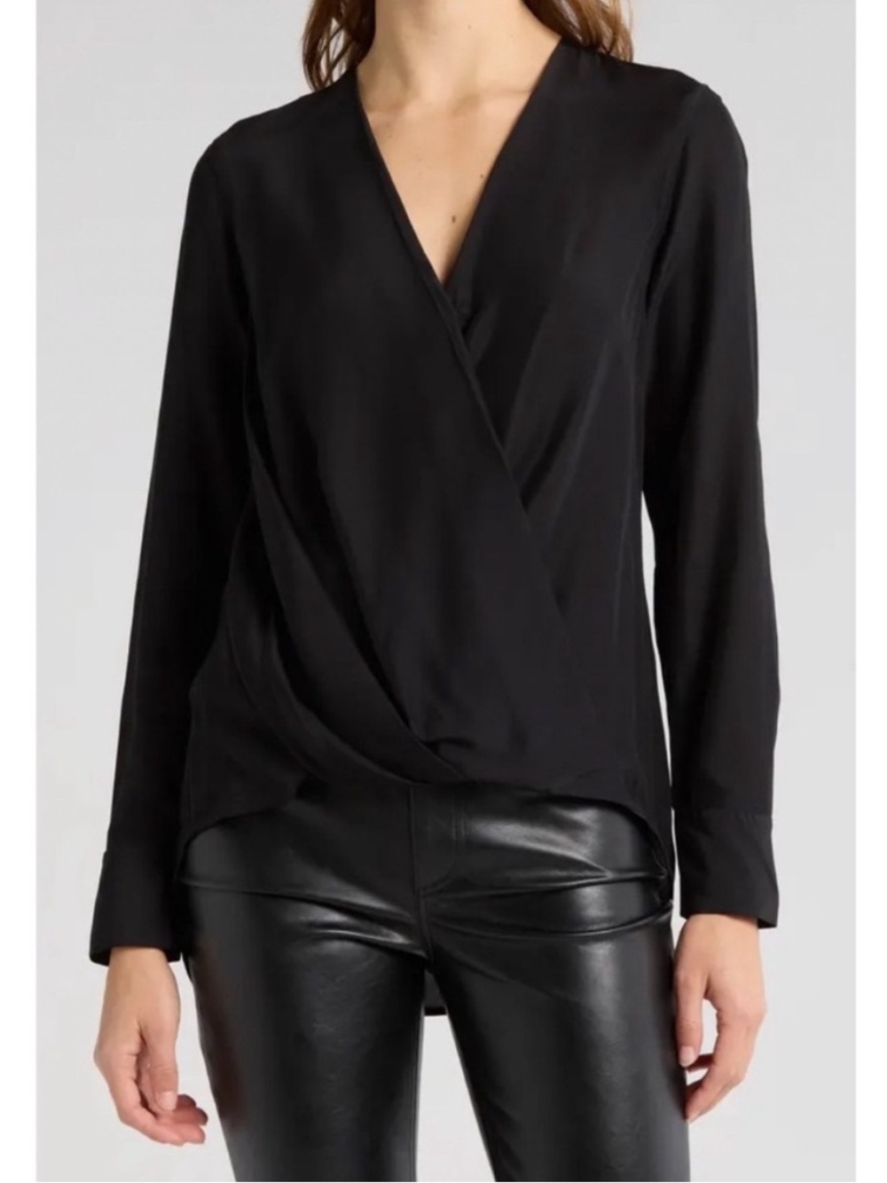 rag & bone Victor Silk Black Satin-Trim Wrap V-Neck Blouse Medium